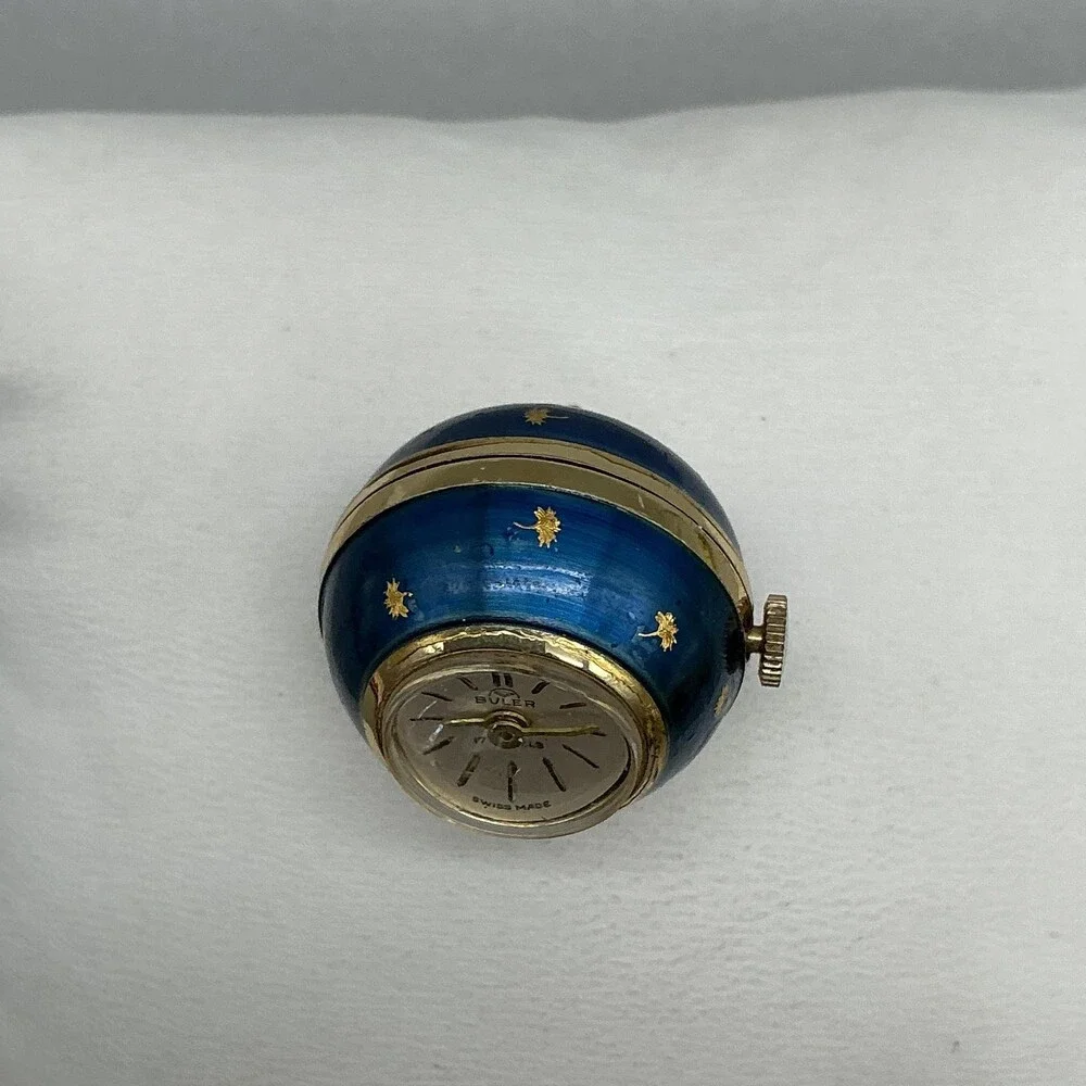 Vintage Buler Pendant Watch Women 21mm Blue Enamel Orb /Globe 17J Swiss Manual